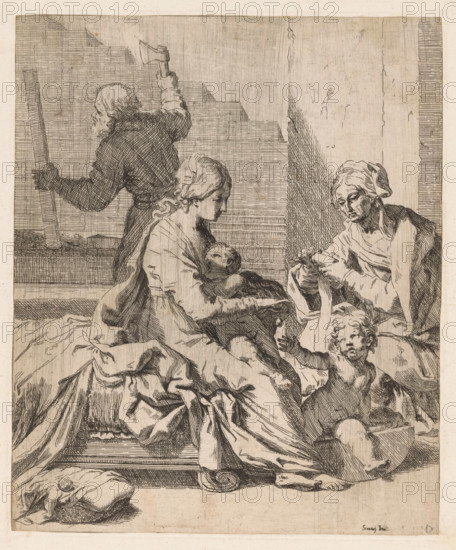 Holy Family with John the Baptist and Elizabeth, print, In the foreground Mary is breastfeeding the Christ Child. Sitting with her are the young John the Baptist and his mother Elizabeth. In the background, Joseph is at work with an axe., printmaker: Elisabetta Sirani, Italy, after design by Giovanni Andrea Sirani, 1648 - 1665, paper, etching, intaglio printmaking technique, etching with plate tone, height 261 mm x width 215 mm, The print is pasted onto a sheet and provided with an imitation plate edge., Christ-child suckling, or beginning to suckle, e.g. Mary uncovering her breast, Madonna-representations, Holy Family with John the Baptist, Elizabeth present, An etched scene shows a seated woman holding a swaddled infant while looking down at the child, a second older woman opposite her manipulating a small object with both hands, a standing man behind them holding a long plank with one hand and an axe raised in the other, and a small naked child seated at the forefront reaching upwar...
