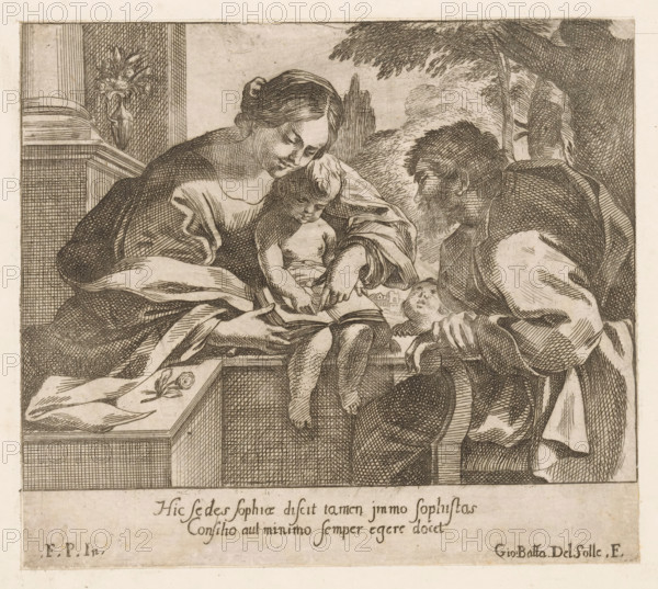 Mary teaches the Christ-child to read, print, The Christ-child sitting with a book on his lap. Mary stands behind him and points at the book together with him. Joseph sits on the right. Two lines of Latin text in the bottom margin., printmaker: Giovanni Battista del Sole, Italy, after print by François Perrier, after 1629 - in or before c. 1719, François Perrier, after print by, paper, etching, intaglio printmaking technique, etching with plate tone, height 186 mm x width 212 mm, A monochrome etched scene shows a seated woman leaning toward a small child on her lap while pointing at an open book, a bearded man on the right leaning in to look, and another standing figure partially visible behind him; the woman wears draped garments and has hair pulled back, the child is unclothed on the upper body and looks down at the book, the bearded man has a heavy cloak and rough hair, and the other figure wears a cloak with a high collar. The setting includes a raised stone platform with a carved ...