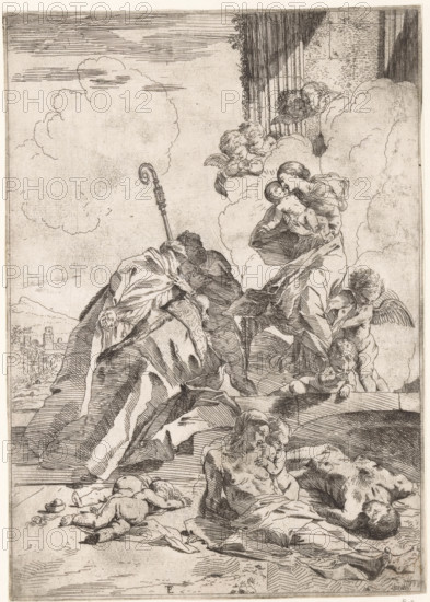 Three saints interceding for victims of the plague, print, Three saints kneel before Mary and the Christ Child. In the foreground, victims of the plague. In the background, a landscape with buildings, possibly the city of Lucca., inscription: '... 191', printmaker: Pietro Testa, Italy, c. 1630 - c. 1631, paper, etching, intaglio printmaking technique, etching with plate tone, height 276 mm x width 195 mm, saints, city-view, and landscape with man-made constructions, Madonna: ie Mary with the Christ-child, plague, Tuscany, Lucca, A monochrome etched scene shows robed figures arranged on rocky ground with drapery and reclining forms; a seated adult holds an infant close while cherubic winged children hover and rest among billowing clouds beside a columned structure, one cherub standing on the right and another leaning over the clouds; a shepherd's crook stands upright near the central group; in the foreground a naked child lies face down on the ground near scattered cloth and a small ves...