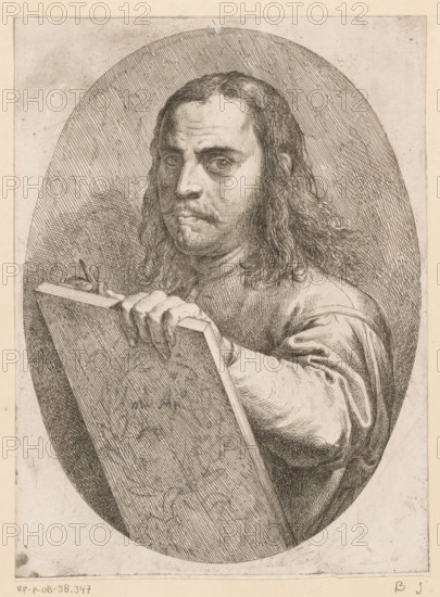 Portrait of artist Pietro Testa, print, printmaker: Pietro Testa, Italy, c. 1647 - c. 1648, paper, etching, intaglio printmaking technique, etching with plate tone, proof print, height 227 mm x width 168 mm, Person, historical persons, portrait, self-portrait of artist, A detailed pen-and-ink portrait of a man shown from the chest up inside an oval frame, with shoulder-length wavy hair, a mustache, and a slight beard, looking toward the viewer with a neutral expression; he holds a rectangular panel or board with one hand resting on its top edge and the other hand partially visible behind it, wearing a loose-sleeved garment with visible folds and buttons on the cuff; crosshatched shading fills the oval background and the central figure, and the outer margins show a pale border around the image.