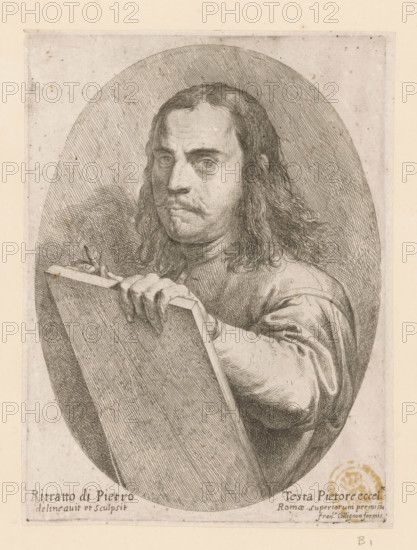 Portrait of artist Pietro Testa, print, printmaker: Pietro Testa, Italy, c. 1647 - c. 1648, paper, etching, intaglio printmaking technique, etching with plate tone, height 226 mm x width 166 mm, Person, historical persons, portrait, self-portrait of artist, A detailed monochrome engraving shows a man with long wavy hair and a mustache holding a rectangular board or panel close to his chest; he faces slightly toward the viewer with a neutral expression and his hand grips the edge of the panel, the fingers and knuckles clearly rendered. The man wears a loose sleeve visible on one arm, and the portrait is set within an oval frame of fine parallel hatch lines against a textured background. The image has an aged paper appearance with small spots and areas of discoloration around the edges, and a circular stamp-like mark is faintly visible near the lower corner.