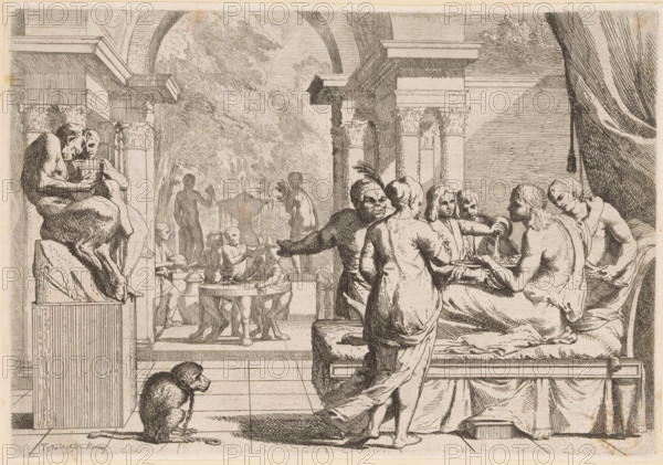 The prodigal son squanders his inheritance, Story of the prodigal son, L' Historia Del Figliolo prodigo, print, The prodigal son on the right on a bed, surrounded by women. On the left a sculpture with two satyrs and on the ground a chained monkey. In the background servants and a fountain., printmaker: Pietro Testa, Rome, after design by Pietro Testa, c. 1621 - 1650, Pietro Testa, printmaker, paper, etching, intaglio printmaking technique, etching with plate tone, height 205 mm x width 297 mm, monkeys, apes, the prodigal son in the midst of prostitutes feasting and dissipating his patrimony, usually in a brothel or inn, An interior scene rendered in fine line work shows a group of figures gathered around a bedlike platform beneath arching architecture and columns, with drapery hanging to one side; several seated and standing figures converse and offer dishes, some holding vessels and a platter while a reclining bearded man reaches toward them; nearby a standing figure with a partial g...