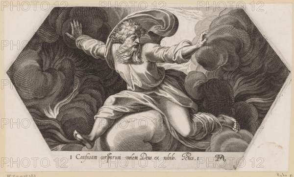 God separating the light from the darkness, Paintings in the Loggia by Raphael, La Sacra Genesi, print, Series number, 1, 20, The first day of creation on which God the Father separates the light from the darkness. Numbered lower right: 1. Reference to Bible text in lower margin., printmaker: Francesco Villamena, Italy, after painting by Raphael, Vatican City, 1626, paper, engraving, etching, intaglio printmaking technique, etching and engraving with plate tone, height 144 mm x width 251 mm, This print is part of a series consisting of a title print and twenty prints by Francesco Villamena after paintings in the Loggia by Raphael in the Vatican. The series was published after Villamena's death., division of light and darkness, A monochrome engraved image shows an older bearded man with flowing hair and draped robes seated among swirling cloud-like forms, his arms outstretched with open hands and his body turned in a dynamic twisting pose, the fabric of his clothing rendered with curved...