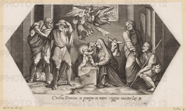 Adoration of the Shepherds, La Sacra Genesi, Paintings in the Loggia by Raphael, print, Series number, 16, 20, In a stable, the shepherds, Mary, and Joseph adore the Christ Child. Angels hover above the Christ Child. Numbered lower right: 60. Reference to Bible text in lower margin., printmaker: Francesco Villamena, Italy, after painting by Raphael, Vatican City, 1626, paper, engraving, etching, intaglio printmaking technique, etching and engraving with plate tone, height 145 mm x width 253 mm, This print is part of a series consisting of a title print and twenty prints by Francesco Villamena after paintings in the Loggia by Raphael in the Vatican. The series was published after Villamena's death. While the first fifteen prints are numbered 1-15, the last five prints are numbered 60-64. The printmaker may have envisioned a series of 64 prints, which remained unfinished due to his death., adoration of the Christ-child by the shepherds, Mary and Joseph present, A monochrome engraving sho...