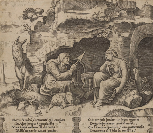 Lucius listens to the story of Amor and Psyche, Story of Amor and Psyche, print, Series number, 1, 32, Lucius, the protagonist of Apuleius' novel 'Metamorphoses', has been transformed into a donkey and hears an old woman telling the story of Amor and Psyche to a young woman. Before the opening of a cave, the old woman with spinning wheel and dog sits on the left, and the young woman on the right. Italian text in two cartouches in the bottom margin. Numbered twice lower left: 1., printmaker: Master of the Dice, Italy, after design by Michiel Coxie (I), c. 1530 - c. 1560, Master of the Dice, Michiel Coxie (I), printmaker, after design by, paper, engraving, intaglio printmaking technique, engraving with plate tone, height 195 mm x width 224 mm, A monochrome engraved scene shows two seated human figures in flowing garments facing each other near a rocky grotto opening; one figure gestures toward a distaff and spindle while the other rests an elbow on a small round table and looks downward;...