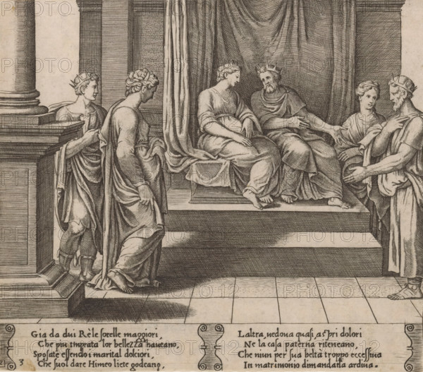 Psyche and her sisters married to kings, Story of Cupid and Psyche, print, Series number, 3, 32, Psyche and her two sisters together with three kings in a palace. Psyche's sisters were both married to kings. Italian text in two cartouches in the lower margin. Numbered lower left: 2 and 3., printmaker: Master of the Dice, after design by Michiel Coxie (I), c. 1530 - c. 1560, Master of the Dice, Michiel Coxie (I), printmaker, after design by, paper, engraving, intaglio printmaking technique, engraving with plate tone, height 199 mm x width 227 mm, A detailed black and white engraving shows a classical interior with a raised platform draped by heavy curtains and flanked by columns and architectural moldings; on the platform two seated figures wearing crowns face one another while a bearded crowned man reaches toward a standing figure to the right, and two other standing figures in flowing robes approach from the left with one looking toward the seated pair; the figures wear draped garment...