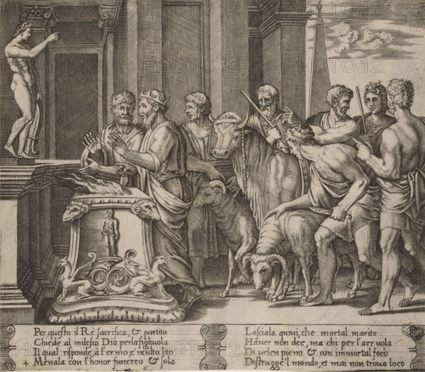 Psyche's father consults the oracle, Story of Cupid and Psyche, print, Series number, 4, 32, Psyche's father consults the oracle of Apollo. On the right, a number of men with animals ready to be sacrificed. Italian text in two cartouches in the lower margin. Numbered twice lower left: 4., printmaker: Agostino Veneziano, Italy, after design by Michiel Coxie (I), 1500 - c. 1536, paper, engraving, intaglio printmaking technique, engraving with plate tone, height 196 mm x width 225 mm, A detailed black and white engraving shows a group of robed and partially nude male figures gathered in front of an architectural backdrop of tall columns and a plinth; one figure wearing a crown gestures with open hands while others hold staffs or swords and look toward the crowned man; animals including a bull, a ram, and a lamb stand among the men, some bridled and led by ropes; a sculpted decorative pedestal with animal heads and a small standing statue is visible in the foreground, and a nude statue on ...