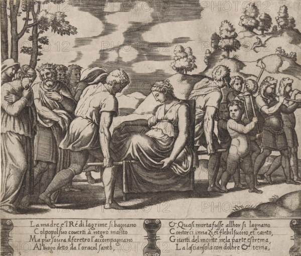 Psyche is carried to a mountain, Story of Amor and Psyche, print, Series number, 5, 32, On the advice of Apollo, the king's daughter Psyche is carried to a mountain where she will be left alone. Leading the way are children with torches and two musicians with trumpets. At the back walk Psyche's grieving parents. The mountain lies in the background on the right. Italian text in two cartouches in the lower margin. Numbered twice lower left: 5., Bartsch 43-1(2), The Illustrated Bartsch 43, printmaker: Master of the Dice, Italy, after design by Michiel Coxie (I), c. 1530 - c. 1560, paper, engraving, intaglio printmaking technique, engraving with plate tone, height 193 mm x width 227 mm, A monochrome engraving shows a group of people carrying a seated woman on a litter through a landscape with rolling hills and trees; the woman sits with her head bowed and a draped garment, while two men at the front and back lift the litter poles and other figures walk alongside, including a crowned man wi...