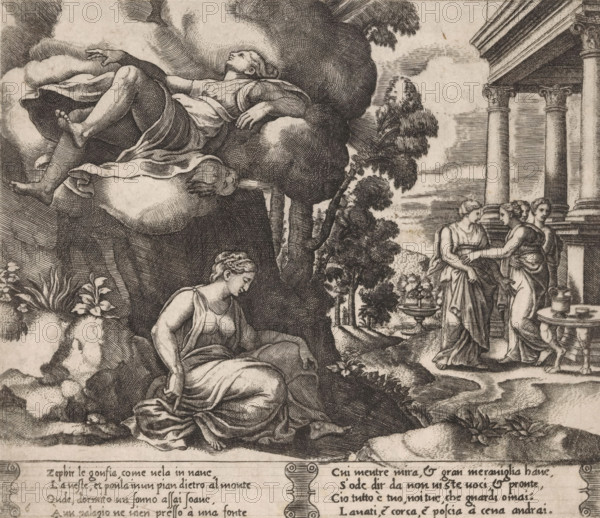 Psyche carried away by Zephyrus, Story of Cupid and Psyche, print, Series number, 6, 32, Psyche is carried away in her sleep by Zephyrus (the personification of the west wind). On the right, Psyche's arrival at Cupid's palace. Italian text in two cartouches in the lower margin. Numbered twice lower left: 6., The Illustrated Bartsch 44, Bartsch 44-1(2), printmaker: Master of the Dice, Italy, after design by Michiel Coxie (I), c. 1530 - c. 1560, paper, engraving, intaglio printmaking technique, engraving with plate tone, height 195 mm x width 227 mm, A detailed black and white engraving shows a reclining male figure resting on a cloud among trees at the upper left, a seated female figure in draped classical clothing on a rocky ledge below, and three standing female figures in flowing garments near a columned building to the right, one of them holding the arm of another. The scene includes ornate architectural columns and a small fountain in the middle distance, with varied foliage, rocks...
