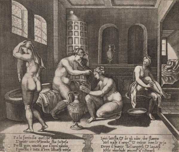 Bathing Psyche, Story of Amor and Psyche, print, Psyche sitting on the edge of a bath, surrounded by three nymphs invisible to her. On the right, a view through to Psyche lying in her bed. Italian text in two cartouches in the lower margin. Numbered twice lower left: 7., printmaker: Agostino Veneziano, Italy, after design by Michiel Coxie (I), 1500 - c. 1536, paper, engraving, intaglio printmaking technique, engraving with plate tone, height 196 mm x width 234 mm, An interior scene rendered in fine linework shows several nude women in various seated and standing poses around a central ornate vessel and smaller basins, with one woman standing near a circular tub and another seated on a low bench drying or arranging her hair while a third kneels holding a dish, their hair and drapery detailed with flowing lines; the room features arched windows with patterned panes on one wall and a tall cylindrical structure with square panels against another wall, recessed arches containing a decorativ...