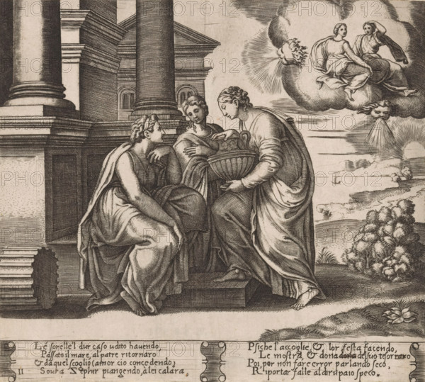 Psyche is visited by her sisters, Story of Cupid and Psyche, print, Series number, 11, 32, Psyche receives a visit from her two sisters. In the upper right, the sisters are brought to Psyche for Zephyrus (the personification of the west wind). Italian text in two cartouches in the lower margin. Numbered twice in the lower left: 11., printmaker: Master of the Dice, Italy, after design by Michiel Coxie (I), c. 1530 - c. 1560, paper, engraving, intaglio printmaking technique, engraving with plate tone, height 200 mm x width 224 mm, A detailed engraving shows three robed women seated on stone steps before a large classical column and architectural facade, one woman holding a large ornate vessel while another leans toward her and the third rests a hand on the central woman's shoulder; to the right a cloud holds two seated figures and a face blowing rays, and a landscape with hills, trees, and a small boat appears in the distance.