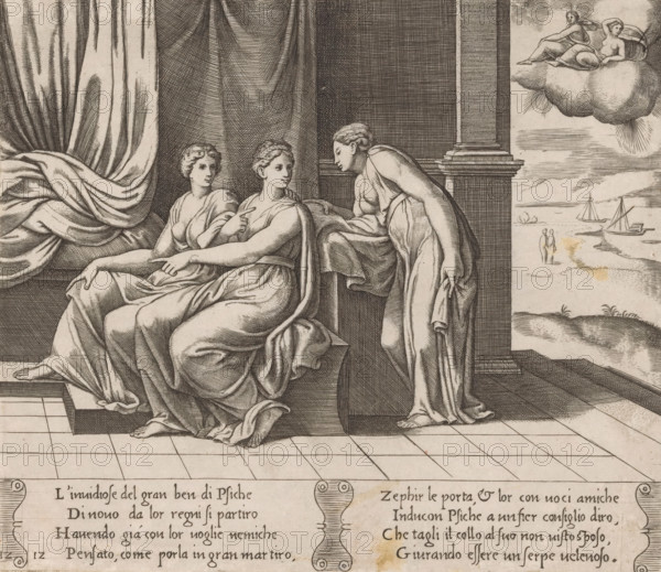 Psyche is convinced by her sisters, Story of Cupid and Psyche, print, Series number, 12, 32, Psyche is convinced by her two sisters that she did not sleep with Cupid but with a poisonous snake. Top right, the two sisters being brought to Psyche by Zephyrus (the personification of the west wind). Italian text in two cartouches in the bottom margin. Numbered twice bottom left: 12., printmaker: Master of the Dice, Italy, after design by Michiel Coxie (I), c. 1530 - c. 1560, paper, engraving, intaglio printmaking technique, engraving with plate tone, height 197 mm x width 228 mm, A detailed black and white engraving showing three draped women in classical robes seated and leaning on a stone bench inside an interior with heavy curtains and a fluted column; one woman sits upright with an arm extended and a hand resting on her lap, another beside her gestures with a finger while looking toward the third, and the third woman leans forward from the bench edge with one hand on the seated woman's...