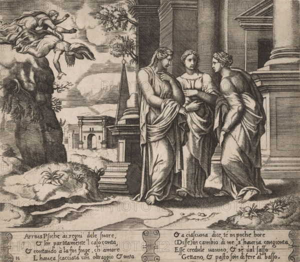 Psyche reports to her sisters, Story of Cupid and Psyche, print, Series number, 15, 32, Psyche tells her two sisters that Cupid has left her. On the left, the two sisters throwing themselves off a mountain in the hope of being taken to Cupid by Zephyrus (the personification of the west wind). Italian text in two cartouches in the lower margin. Numbered twice lower left: 15., The Illustrated Bartsch 53, Bartsch 53-1(2), printmaker: Master of the Dice, Italy, after design by Michiel Coxie (I), c. 1530 - c. 1560, paper, engraving, intaglio printmaking technique, engraving with plate tone, height 198 mm x width 228 mm, A monochrome print shows three draped women standing on stone steps beside a columned building, their robes detailed with folds and their feet visible at the hem; one woman faces forward with a hand near her chest, another gestures with a hand toward the first, and the third looks toward the second while leaning slightly forward; to the left a rocky cliff rises with vegetati...