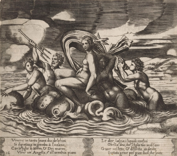 Venus receives news from a bird, Story of Cupid and Psyche, print, Series number, 16, 32, A bird tells Venus that her son Cupid is ill because of his love for the king's daughter Psyche. Italian text in two cartouches in the lower margin. Numbered twice lower left: 16., printmaker: Master of the Dice, Italy, after design by Michiel Coxie (I), c. 1530 - c. 1560, Master of the Dice, Michiel Coxie (I), printmaker, after design by, paper, engraving, intaglio printmaking technique, engraving with plate tone, height 200 mm x width 225 mm, A black and white engraving shows a group of partially nude human figures seated on and around a cluster of stylized sea creatures and flowing waves, with a bearded male figure holding a trident, a central female figure looking forward with drapery behind her, other figures in varied poses including one blowing a shell to his mouth, and fishlike heads and curling tentacles beneath them; the background features a lined sky with clouds and a distant shoreline...