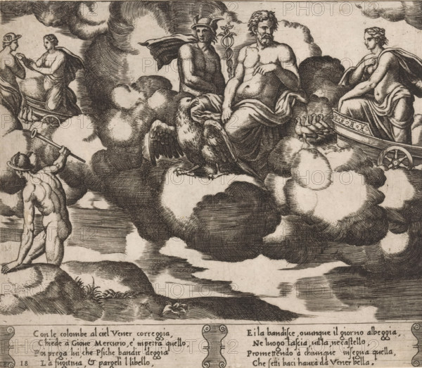 Venus asks Jupiter for help, Story of Cupid and Psyche, print, Series number, 18, 32, Venus arrives in her chariot drawn by doves. In the center sits Jupiter with an eagle and next to him Mercury with a caduceus. On the left Mercury on his way and Mercury in conversation with Venus. Italian text in two cartouches in the lower margin. Numbered twice lower left: 18., printmaker: Master of the Dice, Italy, after design by Michiel Coxie (I), c. 1530 - c. 1560, paper, engraving, intaglio printmaking technique, engraving with plate tone, height 194 mm x width 226 mm, A monochrome etching shows a group of partially draped, classical figures amid billowing clouds above a shoreline. A bearded, seated male figure with a draped cloth over his lap sits on a cloud next to a standing winged figure wearing a winged helmet and holding a staff entwined with serpents. An eagle perches on the cloud in front of them. To the right a seated female figure in flowing drapery sits in a small ornate chariot wit...