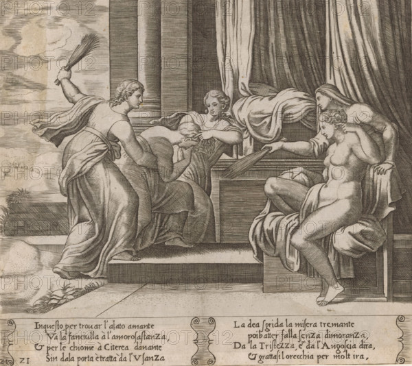 Psyche Punished by Sorrow and Pain, Story of Amor and Psyche, print, Series number, 21, 32, The personifications of sorrow and pain punish Psyche at the command of the goddess Venus. Venus sits on a chair on the right and looks on. Italian text in two cartouches in the lower margin. Numbered twice lower left: 21., The Illustrated Bartsch 59, Bartsch 59-1(2), printmaker: Master of the Dice, Italy, after design by Michiel Coxie (I), c. 1530 - c. 1560, paper, engraving, intaglio printmaking technique, engraving with plate tone, height 200 mm x width 225 mm, A black and white engraving shows a group of partly draped figures arranged on a stepped platform in front of tall vertical columns and heavy drapery; on the left a standing figure seen from the back raises an arm holding a bundle while wearing flowing robes and a belt, another figure leans forward supporting a limp, partially clothed body whose head is held by a seated figure with a calm facial expression, and two figures on the right...