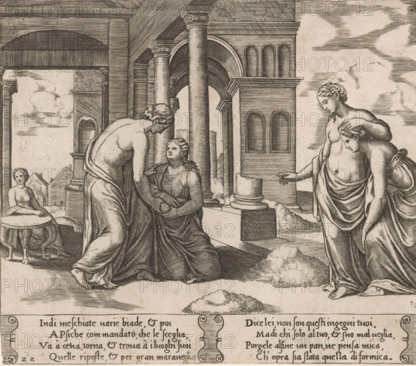 Venus instructs Psyche to sort grain, Story of Amor and Psyche, print, Series number, 22, 32, On the right, Venus points Psyche toward the mountains of grain that Psyche must sort. In the center, Venus and Psyche again. On the left, Venus sits watching from a table. Italian text in two cartouches in the lower margin. Numbered twice lower left: 22., printmaker: Master of the Dice, Italy, after design by Michiel Coxie (I), c. 1530 - c. 1560, paper, engraving, intaglio printmaking technique, engraving with plate tone, height 194 mm x width 223 mm, A detailed engraving shows classical architecture with tall fluted columns and arched openings framing a scene of partially draped figures on a paved foreground; a central seated woman looks up at a standing figure who leans toward her while holding an object, another standing figure to the right touches the head of a bending figure and gestures with an outstretched hand, a small seated figure rests atop a round table to the left, low mounds of ...