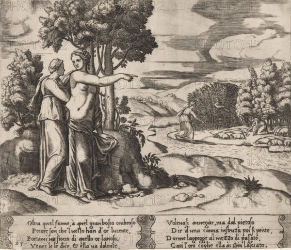 Psyche goes to look for the golden wool, Story of Amor and Psyche, print, Series number, 23, 32, Venus instructs Psyche to collect wool from a flock of sheep with a golden fleece. On the left, Venus points Psyche towards the sheep on the other side of a river. On the right, Psyche with the sheep and among the reeds that whispered advice to her on how to collect the wool. Italian text in two cartouches in the lower margin. Numbered twice lower left: 23., Bartsch 61-1(2), The Illustrated Bartsch 61, printmaker: Master of the Dice, Italy, after design by Michiel Coxie (I), c. 1530 - c. 1560, paper, engraving, intaglio printmaking technique, engraving with plate tone, height 196 mm x width 229 mm, Two women stand near a treeed rocky outcrop, one facing slightly away with draped clothing and the other mostly nude with an arm extended pointing toward the right; behind them tall trees rise with detailed foliage against a clouded sky. Downriver a robed figure walks along a winding stream towar...
