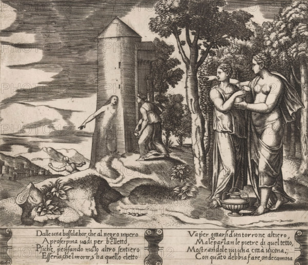 Psyche on her way to the Underworld, Story of Amor and Psyche, print, Series number, 24, 32, Venus instructs Psyche to descend into the Underworld and bring back a jar filled with the beauty of Proserpina, the queen of the Underworld. On the left, Psyche by the tower giving her advice. Italian text in two cartouches in the lower margin. Numbered lower left: 24., printmaker: Master of the Dice, Italy, after design by Michiel Coxie (I), c. 1530 - c. 1560, paper, engraving, intaglio printmaking technique, engraving with plate tone, height 197 mm x width 228 mm, A monochrome engraved scene shows a landscape with rocky ground, plants, and a tall cylindrical tower with a conical roof near the center left; a figure in flowing drapery stands at the tower entrance pointing outward while another kneeling figure faces the tower; to the right a group of two standing women in classical drapery stand by a tree, one partly nude with a cloth draped over her, the other reaching toward her; a large tree...