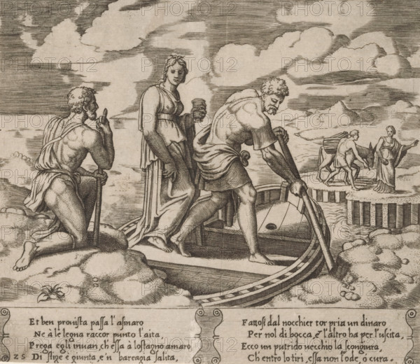 Psyche in Charon's Ferry, Story of Amor and Psyche, print, Series number, 25, 32, Psyche stands in the ferryman Charon's boat, which takes her to the other side of the River Styx. On the other side of the river lies the underworld, where Psyche encounters a man with a donkey. Italian text in two cartouches in the lower margin. Numbered twice lower left: 25., Bartsch 63-1(2), The Illustrated Bartsch 63, printmaker: Master of the Dice, Italy, after design by Michiel Coxie (I), c. 1530 - c. 1560, paper, engraving, intaglio printmaking technique, engraving with plate tone, height 195 mm x width 227 mm, A detailed black and white engraving shows a shoreline scene with a small boat drawn up near rocky ground; three partially clothed figures stand near or in the boat, one kneeling on the rocks holding a staff and looking toward the water, a central standing woman in a draped dress holding a cup and facing outward, and a muscular man bent over in the boat gripping an oar. In the background a p...