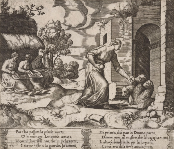 Psyche Leading Cerberus, Story of Amor and Psyche, print, Series number, 26, 32, Psyche leads Cerberus, the three-headed dog that guards the entrance to the underworld. On the left, the three Fates, spinning the threads of life for humans. Italian text in two cartouches in the lower margin. Numbered twice lower left: 26., printmaker: Master of the Dice, Italy, after design by Michiel Coxie (I), c. 1530 - c. 1560, paper, engraving, intaglio printmaking technique, engraving with plate tone, height 194 mm x width 226 mm, A monochrome engraving shows a woman in a flowing dress bending forward at the entrance of a building, extending her hand toward two dogs that sit on the steps; the woman holds a small vessel in her other hand and her hair is styled in a braided updo. To the left, three seated women occupy a shaded area near a thatched roof, one woman wearing a hood and the others holding flat rectangular objects on their laps. Trees and bushes rise behind them, and a winding path or rock...