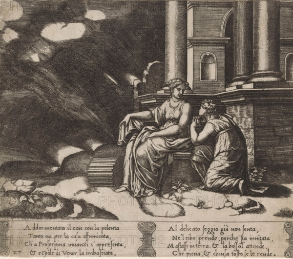 Psyche receives the jar with Proserpina's beauty, Story of Amor and Psyche, print, Series number, 27, 32, In the underworld, Psyche receives the jar filled with the beauty of Proserpina, the queen of the underworld. Italian text in two cartouches in the lower margin. Numbered twice lower left: 27., printmaker: Master of the Dice, Italy, after design by Michiel Coxie (I), c. 1530 - c. 1560, Master of the Dice, Michiel Coxie (I), printmaker, after design by, paper, engraving, intaglio printmaking technique, engraving with plate tone, height 199 mm x width 231 mm, A monochrome etching showing two seated figures in classical drapery on stone steps or a platform in front of a large architectural column and a building facade with an arched recess, one figure reclining with an arm draped over the knee and looking toward the other, the other figure kneeling and leaning forward with a hand near the face; the foreground contains textured rock and cloud-like forms beneath their feet, the backgrou...
