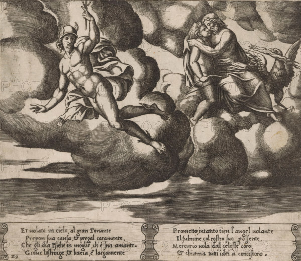 Amor begs Jupiter, Story of Amor and Psyche, print, Series number, 29, 32, Amor begs Jupiter for mercy for the king's daughter Psyche. Right Amor in the arms of Jupiter, beside them the eagle and lightning bolt. Left Mercury, with caduceus in hand, to whom Jupiter commanded to take Psyche to heaven. Italian text in two cartouches in the lower margin. Numbered twice lower left: 29., printmaker: Master of the Dice, Italy, after design by Michiel Coxie (I), c. 1530 - c. 1560, Master of the Dice, Michiel Coxie (I), printmaker, after design by, paper, engraving, intaglio printmaking technique, engraving with plate tone, height 198 mm x width 230 mm, A horizontal black and white engraving showing figures on clouds above a body of water. On the left, a muscular nude male figure wearing a winged helmet and a draped cloth around his waist reaches outward with one arm while holding a staff aloft in the other hand. On the right, two partially draped figures embrace, one with flowing hair and the ...
