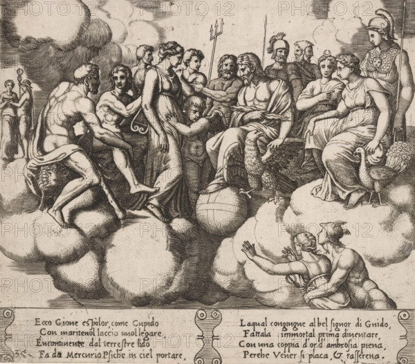 Meeting of gods regarding the fate of Psyche, Story of Cupid and Psyche, print, Series number, 30, 32, Jupiter has summoned the Olympian gods after Cupid begged him for mercy for the king's daughter Psyche. On the left, Mercury giving Psyche a cup of ambrosia, a drink that will make her immortal. On the right in the foreground, Mercury taking Psyche to Olympus. Italian text in two cartouches in the lower margin. Numbered twice lower left: 30., printmaker: Master of the Dice, Italy, after design by Michiel Coxie (I), c. 1530 - c. 1560, Master of the Dice, Michiel Coxie (I), printmaker, after design by, paper, engraving, intaglio printmaking technique, engraving with plate tone, height 197 mm x width 225 mm, A detailed monochrome engraving shows numerous partially draped and nude classical figures arranged on large rounded clouds, including seated and standing men and women in flowing garments, a winged child embracing a woman's waist, a seated bearded male figure with drapery across his...