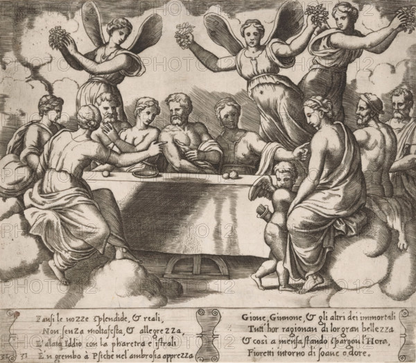 Wedding of Cupid and Psyche, Story of Cupid and Psyche, print, Series number, 31, 32, Banquet at the wedding of Cupid and Psyche. Around a long table sit Cupid and Psyche with a number of other gods. To the right sits Hercules on his lion skin. Behind the table three Horae (goddesses of the seasons) with butterfly wings. Italian text in two cartouches in the lower margin. Numbered twice lower left: 31., Bartsch 69-1(2), The Illustrated Bartsch 69, printmaker: Master of the Dice, Italy, after design by Michiel Coxie (I), c. 1530 - c. 1560, paper, engraving, intaglio printmaking technique, engraving with plate tone, height 194 mm x width 225 mm, A monochrome engraving shows a group of figures gathered around a long table draped with a cloth, with several seated and standing figures interacting at the table and others floating above on clouds. Two winged figures hover above the table holding small bunches of flowers, while additional standing figures behind them also hold floral clusters....