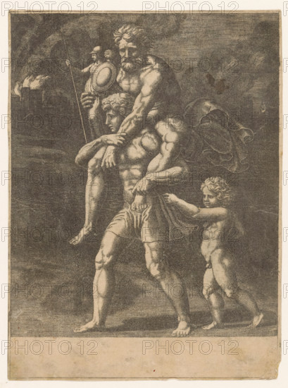 Aeneas and his family flee from Troy, print, Aeneas walks with his father Anchises on his back. In his right hand, Anchises carries the household gods (Penates). Behind Aeneas walks his son Ascanius. In the background, burning Troy., number: '69', printmaker: Master of the Dice, Italy, after design by Raphael, c. 1530 - c. 1560, paper, engraving, intaglio printmaking technique, engraving with plate tone, proof print, height 255 mm x width 189 mm, 'Pius Aeneas': Aeneas, leading Ascanius, escapes from burning Troy, carrying his father Anchises with the Penates, his wife Creusa, who sets out with them, is lost on the way, A monochrome engraving shows three male figures arranged in a vertical composition. A muscular adult stands with one foot forward, carrying another bearded, older man on his shoulders who grasps the carrier's head and has a cloak flowing behind him. The carrier's torso and limbs are rendered with defined musculature and he wears a short garment around his waist. A smalle...