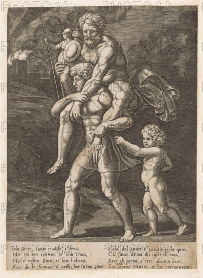 Aeneas and his family flee from Troy, print, Aeneas walks with his father Anchises on his back. In his right hand, Anchises carries the household gods (Penates). Behind Aeneas walks his son Ascanius. In the background, burning Troy. Italian text in two columns in the bottom margin., printmaker: Master of the Dice, Italy, after design by Raphael, c. 1530 - c. 1560, paper, engraving, intaglio printmaking technique, engraving with plate tone, height 251 mm x width 182 mm, 'Pius Aeneas': Aeneas, leading Ascanius, escapes from burning Troy, carrying his father Anchises with the Penates, his wife Creusa, who sets out with them, is lost on the way, A monochrome engraved scene shows three human figures in classical style moving across a landscape. A muscular adult man walks barefoot carrying another older, bearded man across his shoulders; the older man's arms drape around the carrier's neck and his legs hang down. The carrier has curly hair and a short draped garment around his waist, and his...
