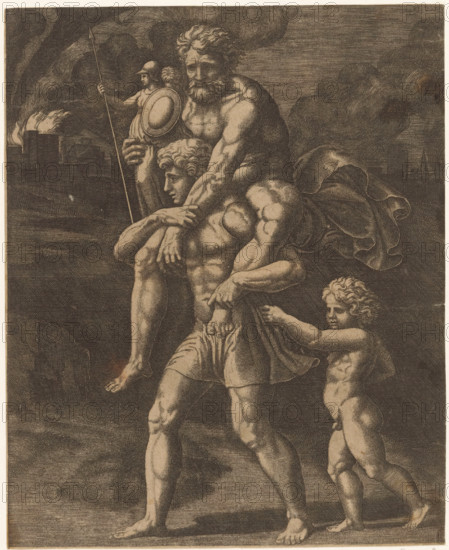Aeneas and his family flee from Troy, print, Aeneas walks with his father Anchises on his back. In his right hand, Anchises carries the household gods (Penates). Behind Aeneas walks his son Ascanius. In the background, burning Troy. Italian text in two columns in the bottom margin., printmaker: Master of the Dice, Italy, after design by Raphael, c. 1530 - c. 1560, paper, engraving, intaglio printmaking technique, engraving with plate tone, height 226 mm x width 183 mm, 'Pius Aeneas': Aeneas, leading Ascanius, escapes from burning Troy, carrying his father Anchises with the Penates, his wife Creusa, who sets out with them, is lost on the way, A monochrome engraving showing three nude male figures in a landscape with billowing clouds and distant structures, the largest bearded figure seated on the shoulders of a muscular younger man who stands and carries him while a small child walks beside them holding the younger man’s drapery; the seated figure looks downward and rests one hand on th...
