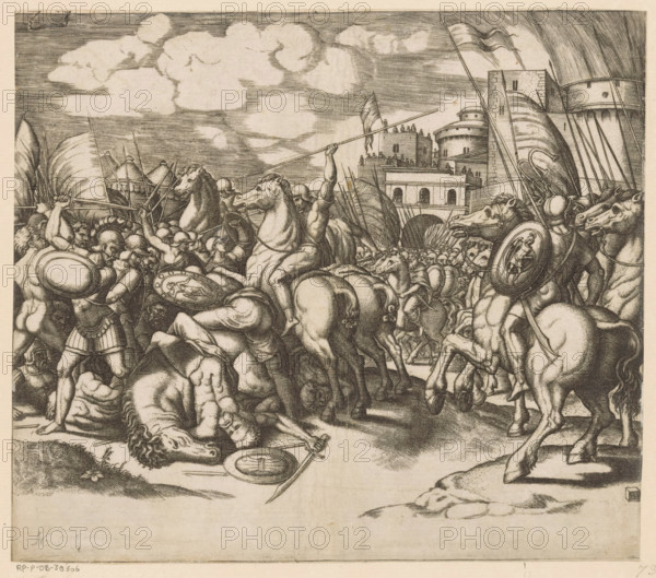 Victory of Scipio over King Syphax, print, A battle with soldiers on foot and on horseback. On the right in the background the walls of a city from which people are watching., printmaker: Master of the Dice, Italy, after design by Raphael, c. 1530 - c. 1560, paper, engraving, intaglio printmaking technique, engraving with plate tone, proof print, height 214 mm x width 245 mm, battle, (story of) P. Cornelius Scipio Africanus Major, A densely detailed black and white engraving showing a chaotic battle scene with armored soldiers and horses crowded in the foreground, several fallen figures and horses on the ground, warriors raising spears and shields, round shields with figural decoration, helmets and plumed headgear, riders on rearing horses, long spears projecting upward, a fortified city with towers and walls in the midground, small figures visible on the battlements, flags flying from tall poles, layered clouds and a lined sky above, and a patch of ground with small plants at the lowe...