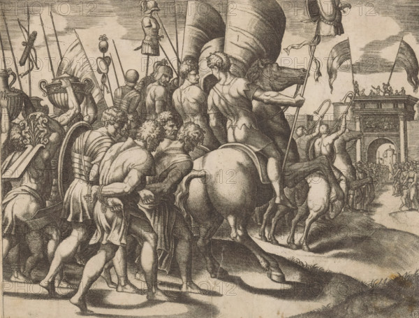 Triumph of Scipio, print, Triumphal procession of Scipio Africanus in Rome after his victory over the Carthaginian army. Behind the victors on horseback walk the chained vanquished. On the right a triumphal arch., printmaker: Master of the Dice, Italy, after design by Raphael, c. 1530 - c. 1560, paper, engraving, intaglio printmaking technique, engraving with plate tone, height 192 mm x width 246 mm, triumphal arch, A detailed monochrome engraving shows a crowded scene of soldiers and horses advancing toward a distant triumphal arch. Men in classical-style armor and tunics walk and ride, some carrying long spears and banners while others hold large urns and shields. Several figures wear helmets and plumed headgear, and some are partially turned, revealing muscular backs and limbs. Horses are harnessed and ridden by armored figures, their bodies rendered with shading and crosshatching. In the background, smaller figures stand atop the arch waving or gesturing, while a group of onlookers...