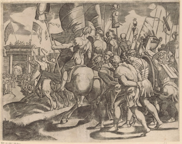 Triumph of Scipio, print, Triumphal procession of Scipio Africanus in Rome after his victory over the Carthaginian army. Behind the victors on horseback walk the chained vanquished. On the left a triumphal arch., after print by Master of the Dice, Italy, in or after c. 1530 - in or after c. 1560, Master of the Dice, printmaker, after print by, paper, engraving, intaglio printmaking technique, engraving with plate tone, height 194 mm x width 246 mm, triumphal arch, A monochrome engraving shows a crowded scene of figures and horses moving toward a distant archway and elevated platform where small figures stand; the foreground is filled with men shown from behind or in profile wearing short tunics and cloaks, some bareheaded and some wearing helmets and armor, carrying long spears, standards, and shields, with a large draped banner prominent near the center; several riders sit astride horses whose rounded rumps and legs are visible, and other men march with hands bound behind them; decora...