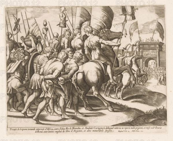 Triumph of Scipio, print, Triumphal procession of Scipio Africanus in Rome after his victory over the Carthaginian army. Behind the victors on horseback walk the chained vanquished. On the right a triumphal arch. Two lines of Italian text in the lower margin., printmaker: Master of the Dice, Italy, after design by Raphael, publisher: Philippe Thomassin, c. 1530 - c. 1560, paper, engraving, intaglio printmaking technique, engraving with plate tone, height 201 mm x width 252 mm, triumphal arch, A detailed monochrome engraving shows a crowded procession of armored and partially draped figures moving toward a monumental arch, with soldiers carrying spears, standards, and ornamental vessels, and several men shown bound and escorted with hands tied behind their backs; central figures include a man on horseback seen from behind holding a long pole and a group of muscular, curly-haired men walking barefoot, while in the foreground other figures bear shields and helmets and a carved ornamental ...