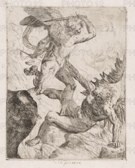 Archangel Michael fighting the devil, print, inscription: 'f - 1 - 10 - stver', inscription: 'These prints', printmaker: Giovanni Pietro Possenti, Italy, 1628 - 1659, paper, etching, intaglio printmaking technique, etching with plate tone, height 204 mm x width 159 mm, the Archangel Michael fighting the dragon (devil, Satan), A detailed engraving shows two male figures entwined in a dynamic struggle amid swirling lines that suggest movement. One figure is muscular with curly hair and wings attached to his back; he is shown from behind and above, raising an arm that holds a long, thin object while his other hand grasps a set of suspended scales. The second figure appears below and turned toward the viewer, with wings and curly hair, one arm braced against a rocky surface and the other reaching upward toward the first figure. The scene is rendered with dense crosshatching and fine lines, with textured rocks beneath the figures and flowing, cloudlike strokes around them. The overall palet...