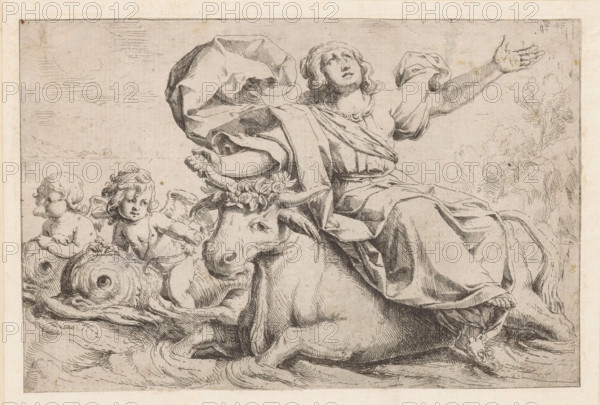 Jupiter and Europa, print, Jupiter in the form of a bull with Europa on his back. On the left two putti on dolphins., printmaker, after design by, Italy, Guido Reni, paper, etching, intaglio printmaking technique, etching with plate tone, height 162 mm x width 245 mm, cupids: 'amores', 'amoretti', 'putti', swimming mammals: dolphin, Jupiter, usually in the shape of a white bull, abducts Europa and carries her across the water, A detailed ink drawing shows a robed figure seated on a large reclining ox, the figure's flowing garments rendered with fine hatching and one arm raised while the head tilts upward. The ox wears a floral garland around its horns and looks forward with a calm expression. Two winged putti sit beside the ox, one holding a rounded object and the other looking toward the viewer, their curly hair and small wings sketched with delicate lines. Drapery and folds cascade over the animal and the seated figure, with textured shading defining contours. Cloudy sky lines and di...