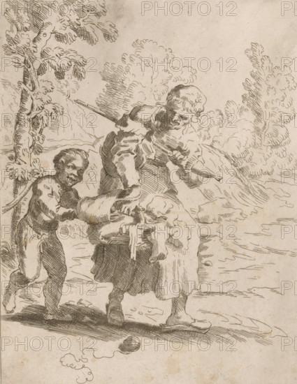 Old woman with a boy on a walk, print, Old woman, with a spinning wheel and two filled baskets, walks through a landscape with a boy. In the foreground lies a ball of wool., Italy, 1650 - 1749, printmaker, paper, etching, intaglio printmaking technique, etching with plate tone, height 246 mm x width 185 mm, landscapes, wool (material, textile industry), walking, distaff, A sepia-toned line drawing shows two figures walking near a body of water with trees and foliage in the background; the figure on the right appears taller, wearing a dress-like garment and a hat, holding a long stick and a bundle of cloth or objects in front, while the figure on the left is smaller, dressed in trousers and a shirt, reaching toward the bundle with one hand and smiling, with visible facial features and short hair; the ground beneath them is uneven with some sketched stones and a round object, and stylized clouds and leafy trees fill the upper and side areas of the scene.
