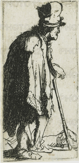 Beggar with a clenched hand, leaning on a stick, Beggar with a crippled hand leaning on a stick (former title), print, printmaker: Rembrandt van Rijn, c. 1629, paper, etching, height 90 mm x width 42 mm, beggar, A tall, thin figure seen in profile facing right, wearing a tall hat and a long, dark cloak that drapes over the shoulders and down the back, with visible textured strokes indicating fabric; the figure leans on a long, slender staff held in the right hand, and the left arm hangs at the side; the head shows a prominent nose and a bowed posture, with lines suggesting facial features and hair beneath the hat; the lower garments are sketched with flowing, ragged edges and the feet are partially visible beneath the cloak; the background is plain and lightly textured, and the entire image is rendered in dark ink lines on a pale surface.