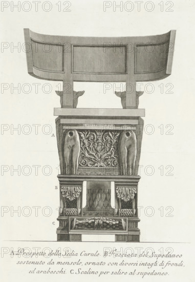 Official seat, Vases, candlesticks, gravestones, sarcophagi, tripods, lamps and ornaments designed and engraved by Giovanni Battista Piranesi, Vasi, candelabri, cippi, sarcofagi, tripodi, lucerne, ed ornamenti antichi disegn. ed incisi dal cav. Gio. Batta Piranesi, print, Sheet with two depictions of an ornamental chair (official seat) with dogs as legs. Two front views of the same chair. Left: a footstool stands in front of the chair. Below both images an explanatory list with letters., printmaker: Giovanni Battista Piranesi, Rome, 1778, paper, etching, print of two plates on an uncut sheet, height 390 mm x width 260 mm x height 390 mm x width 257 mm, The 'Vasi' series comprises 110 prints, distributed over two volumes, each with its own title print. Piranesi was assisted for this series by various assistants from his workshop, including his son Francesco, who also added 8 plates to the series in 1779-1780., chair, A detailed grayscale architectural engraving of an ornate chair and pe...