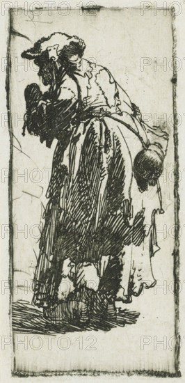 Old beggar woman with a gourd, print, printmaker: Rembrandt van Rijn, c. 1629, paper, etching, height 104 mm x width 48 mm, A tall ink drawing of a person standing and facing slightly left, wearing a long, layered dress with detailed crosshatched shading and a fur or textured shawl around the shoulders, a bonnet or hat with a brim and textured top, and holding a round, textured bag or muff that hangs by a strap; the figure's hands are partially obscured by dark, heavily inked areas, and the lower hem of the skirt shows frayed or uneven edges and visible footwear beneath; the image is framed by a simple rectangular border and rendered on a textured, aged paper background with smudges and faint marks.