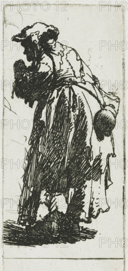 Old beggar woman with a gourd, Beggar Woman with a Gourd, print, printmaker: Rembrandt van Rijn, c. 1629, paper, etching, height 103 mm x width 46 mm, A black ink sketch on a pale background showing a woman standing and leaning slightly forward, dressed in a long, full skirt and a fitted bodice with puffed sleeves, her head turned down and partly covered by a hat with a brim and a decorative element, one arm bent across her chest and the other hanging down holding a round object with a strap, the skirt and clothing rendered with dense, hatched strokes creating dark textured areas, with faint border lines framing the composition.