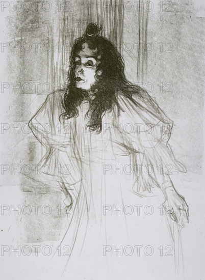 Miss May Belfort (original title), Portrait of May Belfort (May Egan) with two figures and a piano, print, printmaker: Henri de Toulouse-Lautrec (signed by artist), France, publisher: La Revue blanche, Paris, 1895, paper, tone lithography, tone lithography in dark green and black with tone block in beige and planing technique, height 538 mm x width 418 mm, Person, May Belfort, historical persons, portrait of a musician, A monochrome pencil sketch shows a person with long wavy hair wearing a loose flowing garment with wide sleeves; the face is rendered with dark shading around the eyes and lips, and the hair is dark and textured, tied in a small top knot; the figure stands against a faintly shaded vertical backdrop, one arm bent with a hand resting near the hip and the other arm hanging with a loosely sketched hand, while light sketch lines define the drapery and the lower portion of the garment.