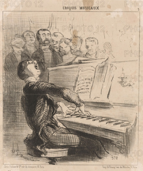 Caricature of a singing pianist, Un monsieur tenant à prouver qu'il peut en même temps chanter et toucher du piano, Musical performances, Croquis musicaux, cartoon, Series number, 5, 17, printmaker: Honoré Daumier, Paris, printer (person): Charles Prudent Trinocq, publisher: Pannier & Cie., 1852, Honoré Daumier, Charles Prudent Trinocq, Pannier & Cie., printmaker, printer (person), publisher, paper, lithography, height 298 mm x width 239 mm, Print used for: Le Charivari, February 17, 1852., male singer, caricatures (human types), pianoforte, A charcoal sketch shows a person seated at a piano with head tilted back and mouth open, one arm extended over the keys and fingers poised on the keyboard, clothing rendered with crosshatched shading and patterned fabric on trousers; behind the piano a group of faces and busts are drawn in lighter strokes, some with beards and mustaches, arranged in a semicircle and looking toward the pianist, while a music stand with open sheet music sits atop the...