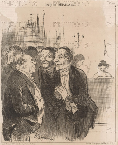 Caricature of two men complimenting a singer's father, Oh! Monsieur, quel talent possède mademoiselle votre fille, Musical performances, Croquis musicaux, cartoon, Series number, 8, 17, printmaker: Honoré Daumier, Paris, printer (person): Charles Prudent Trinocq, publisher: Pannier & Cie., 1852, Honoré Daumier, Charles Prudent Trinocq, Pannier & Cie., printmaker, printer (person), publisher, paper, lithography, height 312 mm x width 232 mm, Print used for: Le Charivari, March 2, 1852., female singer, caricatures (human types), pianoforte, father-love, A sepia-toned lithograph showing a group of men in dark suits gathered closely together, three in the foreground with expressive faces and clasped hands, their hair and facial features rendered with bold, sketchy charcoal lines. Behind them are faintly drawn figures and vertical shading suggesting a crowded interior, and to the right a woman with her head bowed sits behind a panel. The upper area of the image is mostly empty space with so...