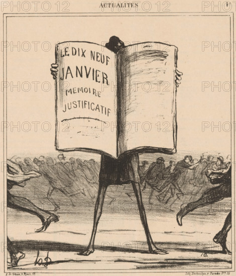 Electeurs, dans mes bras!, Caricature of the politician Émile Ollivier, Current affairs, Actualités, cartoon, printmaker: Honoré Daumier, Paris, printer (person): Destouches, publisher: Arnauld de Vresse, 1869, printer (person), paper, lithography, height 292 mm x width 248 mm, Print used for: Le Charivari, March 10, 1869., Person, Émile Ollivier, historical persons, political caricatures and satires, caricatures (human types), A tall figure with long thin legs stands center holding a large open book that obscures its upper body; only the top of a head and hands gripping the book edges are visible. The book's left page shows bold hand-drawn lettering while the right page is shaded with sketchy horizontal strokes. Around the central figure are many loosely sketched smaller figures and contorted limbs, suggesting movement or a crowd, rendered in rough charcoal-like lines on a pale background. The image is framed by a thin double border and has an even, slightly textured paper tone.