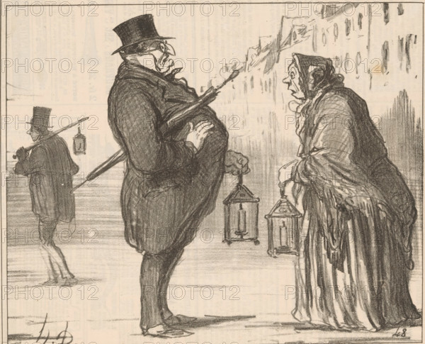 The essential precaution Parisians take when leaving their homes, Monsieur Prudhomme and an old woman with a lantern and umbrella, Current Affairs, cartoon, Series number, 385, printmaker: Honoré Daumier, Paris, printer (person): Destouches, publisher: Martinet, 1857, printer (person), paper, lithography, height 248 mm x width 271 mm, Print used for: Le Charivari, April 10, 1857. Monsieur Prudhomme is an emblematic, caricatural figure in French literature. The stout, not-too-bright, conformist, and sentimental character represents the bourgeois Parisian., caricatures (human types), lantern, A charcoal sketch of two figures facing each other on a street, one a heavyset man in a top hat and coat holding an umbrella and a lantern, the other a hunched woman wearing a hooded shawl and carrying a lantern, with a third smaller figure in the background also wearing a top hat and carrying a stick and lantern; buildings and indistinct architectural shapes form a faint backdrop and the ground sho...