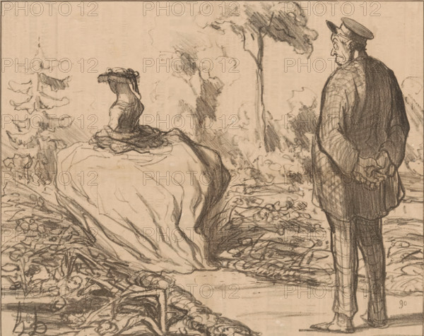I would just as happily see a hurricane walking in my garden, Man sees woman with hoop skirt walking through his garden, Current affairs, cartoon, Series number, 431, The man would rather see a hurricane go through his garden than one of those 'cursed' crinolines (hoop skirts)., printmaker: Honoré Daumier, Paris, printer (person): Destouches, publisher: Martinet, 1857, printer (person), paper, lithography, height 242 mm x width 279 mm, Print used for: Le Charivari, August 29, 1857., garden, caricatures (human types), skirt, A charcoal drawing of an outdoor scene showing a woman seated on a large draped rock wearing a wide-brimmed hat and a full skirt, her back and profile visible, and a man standing nearby with hands clasped behind his back wearing a cap and a long coat; surrounding them are trees and foliage sketched with loose strokes, rocky ground and scattered plants, and textured shading throughout the composition.