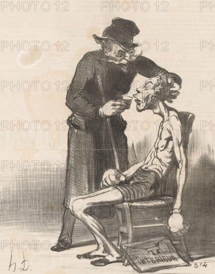 Caricature of the politician Léon Faucher as a defeated wrestler, Un lutteur malheureux, Currentities, cartoon, Series number, 184, Ratapoil gives Faucher a drink to help him recover., printmaker: Honoré Daumier, Paris, printer (person): Charles Prudent Trinocq, publisher: Aubert & Cie., 1851, printer (person), paper, lithography, height 323 mm x width 230 mm, Print used for: Le Charivari, May 18, 1852. In Daumier's oeuvre, Ratapoil is a cunning supporter of militarism, and a proponent of the rehabilitation of the Napoleonic Empire., Person, Léon Faucher, historical persons, political caricatures and satires, caricatures (human types), A sketch in muted tones shows a thin seated figure with visible ribs and emaciated limbs slumped in a chair, head tilted back and mouth open, while a standing figure leans over holding the seated figure’s head with one hand and a small rectangular object near the seated mouth with the other; the standing figure wears a dark robe and a hat with a turned b...